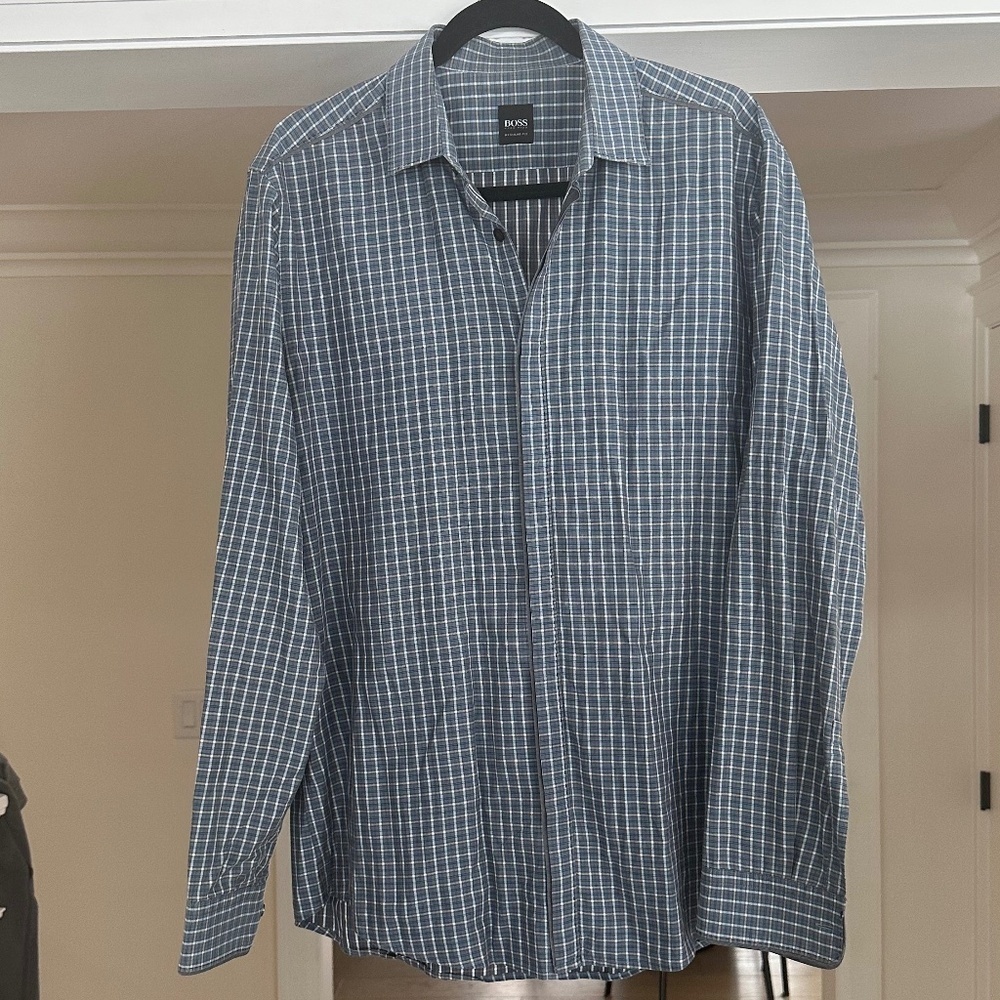 BOSS - Blue & Grey Plaid Button-Up Shirt with Grey Piping on Cuffs and Placket